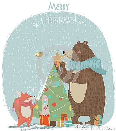 Cute bear, hare and fox - Christmas card Vector Illustration