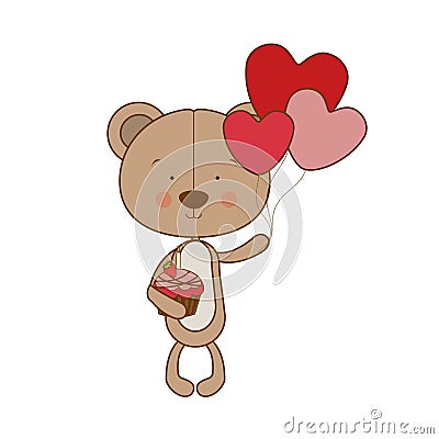 Cute bear with helium balloons and cake Vector Illustration