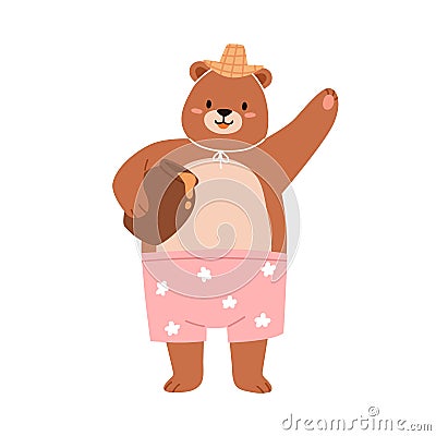 Cute bear holding honey pot. Funny teddy in straw hat and trunks portrait. Happy sweet baby animal eating and waving Vector Illustration