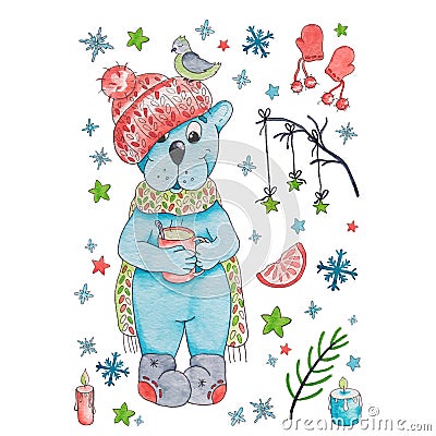 A cute bear holds a mug of hot tea, a little bird sleeps on his knitted hat. Cartoon Illustration