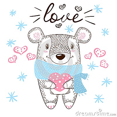 Cute bear huge hugs illustration. Love and heart. Vector Illustration