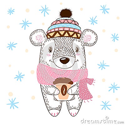 Cute bear huge hugs illustration. Winter, tea and coffee. Vector Illustration