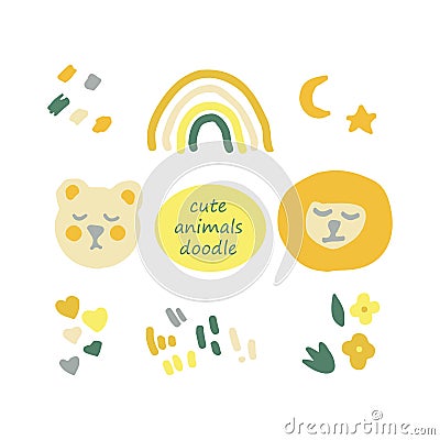 Cute bear and lion, boho rainbow, hearts and dashes doodle elements set in trending color 2021. hand drawn minimalism simple. icon Stock Photo