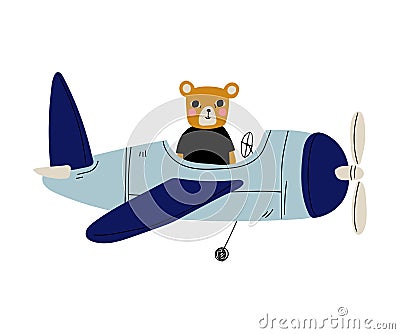 Cute Bear Pilot Flying on Retro Plane in the Sky, Humanized Animal Character Piloting Airplane Vector Illustration Vector Illustration