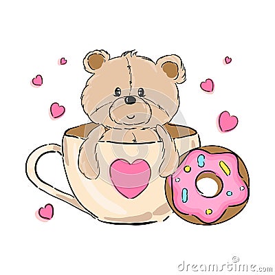 Cute bear with pink donut, cartoon hand drawn vector illustration. Can be used for t-shirt print, kids wear fashion Vector Illustration