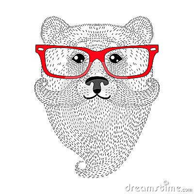 Cute bear portrait with french mustache, beard, glasses. Vector Illustration
