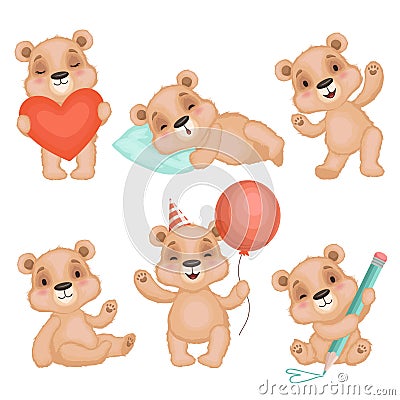 Cute bear pose. Cute animal teddy bear boy toys for kids birthday or valentine gifts vector characters set Vector Illustration