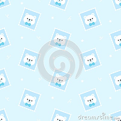Cute bear postage stamp seamless pattern background Stock Photo