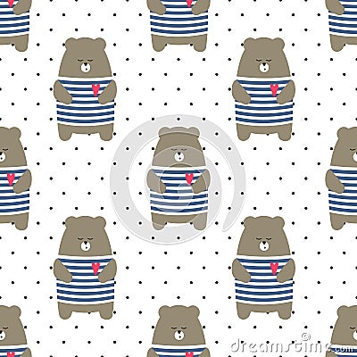 Cute bear seamless pattern on polka dots background. Vector Illustration