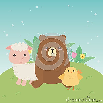 Cute bear and sheep and chick animals farm characters Vector Illustration