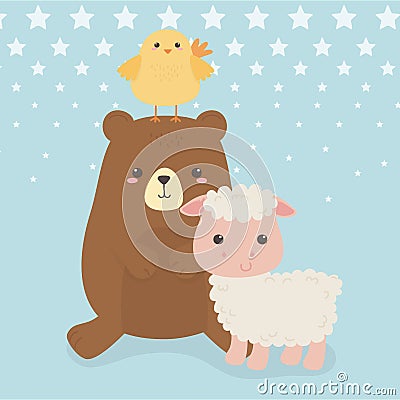 Cute bear and sheep with chick animals farm characters Vector Illustration