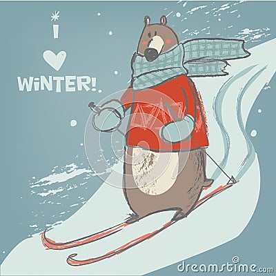 Cute bear on ski Vector Illustration