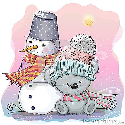 Cute Bear and snowman Vector Illustration