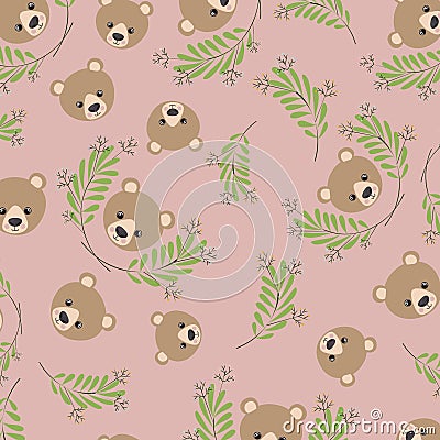 Cute bear teddy and leafs pattern background Vector Illustration