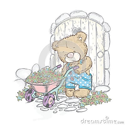 Cute Bear and trolley with seedlings. Bear in the garden. Vector Illustration