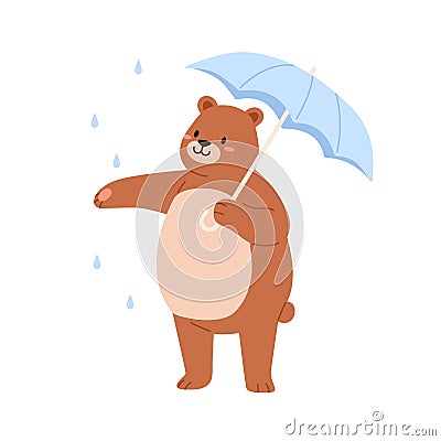 Cute bear with umbrella in rainy weather. Funny teddy character enjoying rain. Happy positive baby animal rejoicing Vector Illustration