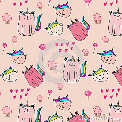 Cute Bear Unicorn Pattern Background. Vector Illustration