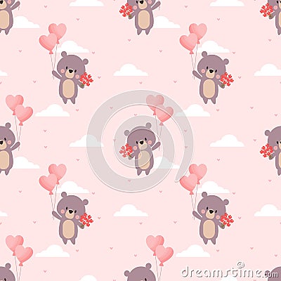 Cute bear and Valentine balloon seamless pattern Vector Illustration