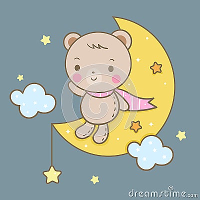 Cute bear vector on moon, magic sleeping time for sweet dream, Kawaii style with star. Vector Illustration