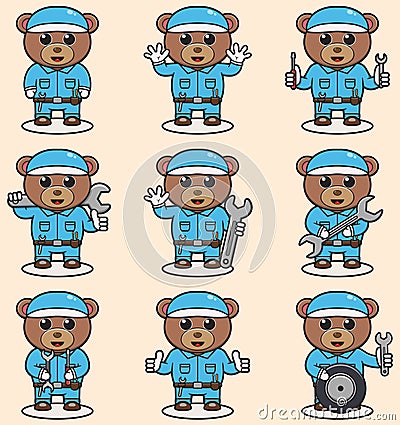 cute Bear wearing mechanic uniform and cap Vector Illustration