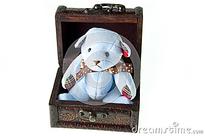 Cute Bear in Wooden Prize Box With White Isolated Stock Photo