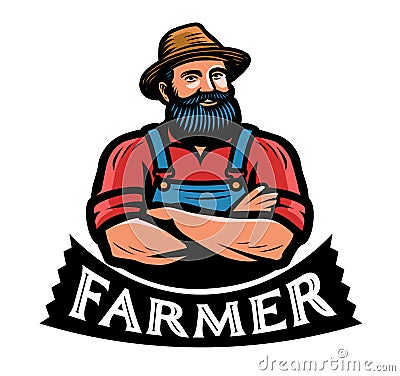 Cute bearded farmer in a hat emblem or logo. Agriculture, organic farm badge. Cartoon character vector illustration Vector Illustration