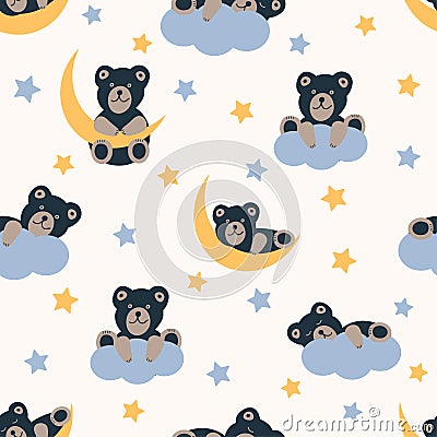 Cute bears, moon, stars and clouds. Seamless pattern Vector Illustration