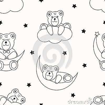 Cute bears, moon, stars and clouds. Seamless pattern Vector Illustration