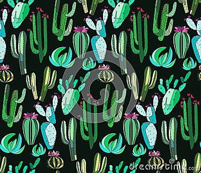 Cute beautiful abstract lovely mexican tropical floral herbal green set of a cactus paint like child pattern on dark background ve Vector Illustration