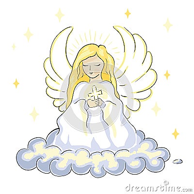 Cute beautiful blonde angel woman praying sitting on a cloud and holding a cross Vector Illustration