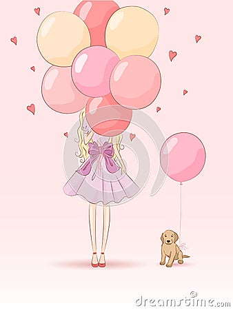 Cute beautiful blonde girl holds balloons. Vector Illustration