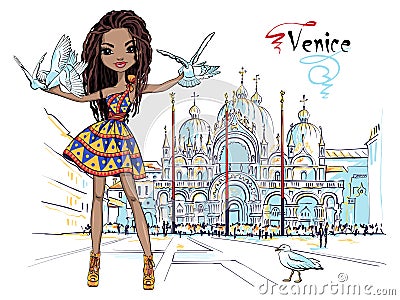 Cute fashion girl in Venice, Italia. Vector Illustration