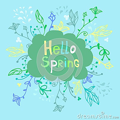 Cute beautiful floral frame with phrase Hello spring Vector Illustration
