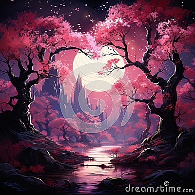 Beautiful full moon cherry blossom tree sakura tree forest Generative AI Cartoon Illustration