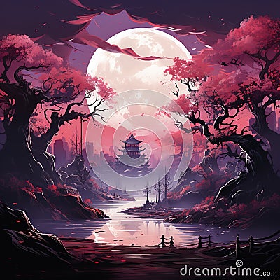 Beautiful full moon cherry blossom tree sakura tree forest Generative AI Cartoon Illustration