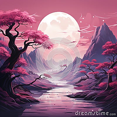 Beautiful full moon cherry blossom tree sakura tree forest Generative AI Cartoon Illustration