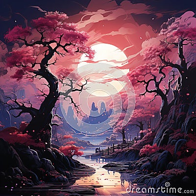 Beautiful full moon cherry blossom tree sakura tree forest Generative AI Cartoon Illustration