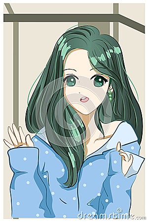 Cute and beautiful girl green long hair cartoon illustration Vector Illustration