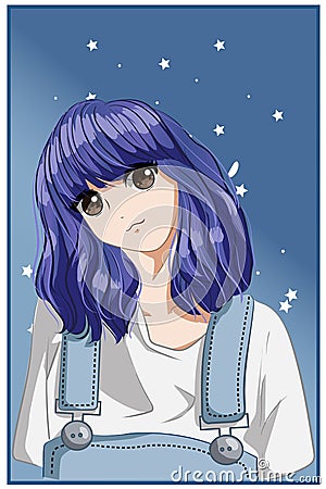 Cute and beautiful girl short purple hair cartoon illustration Vector Illustration