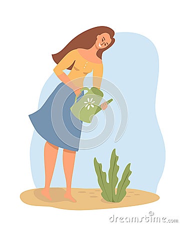 girl garden work watering can blue back Vector Illustration