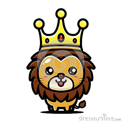 The cute and beautiful lion animal cartoon character becomes king wearing a crown Vector Illustration