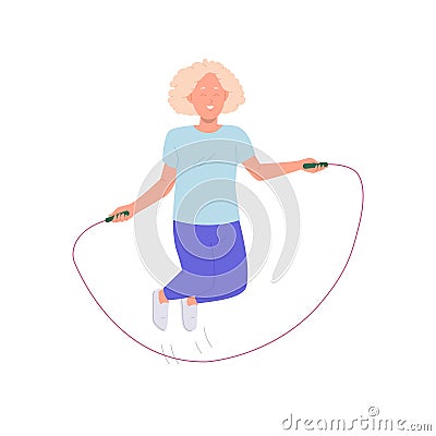 Cute and beautiful little girl cartoon character jumping skipping rope isolated on white background Vector Illustration