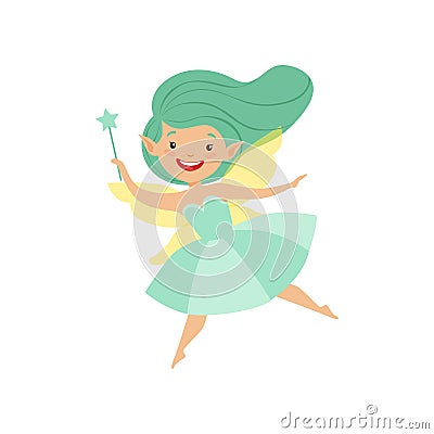 Cute beautiful little winged fairy, lovely girl with long hair and dress in turquoise colors vector Illustration on a Vector Illustration