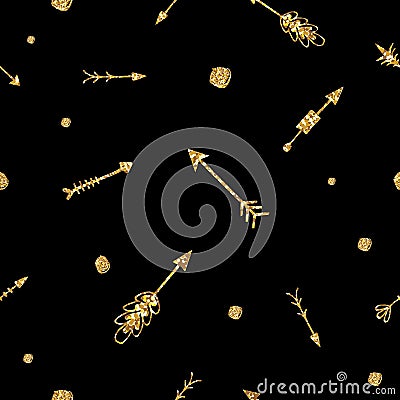 Cute beautiful seamless pattern with hand drawn sketch arrows with gold glitter texture. Background, textile, texture, fabric. Vector Illustration