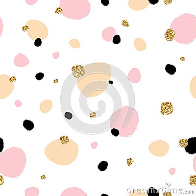 Cute beautiful seamless pattern with hand drawn sketch splash with gold glitter texture. Background, textile, texture, fabric. Vector Illustration