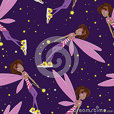 Cute and beautiful teen fairy with sneakers flying and listening to music seamless pattern vector Vector Illustration