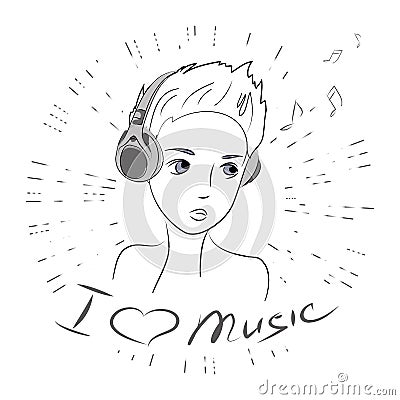 Cute beauty teenager,i love music Vector Illustration
