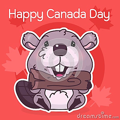 Cute beaver canadian symbol kawaii character social media post mockup. Happy Canada day typography. Poster, card template with Vector Illustration