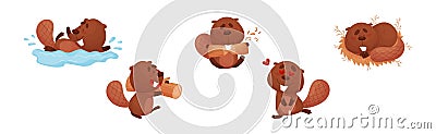 Cute Beaver Character Engaged in Different Activity Vector Set Vector Illustration