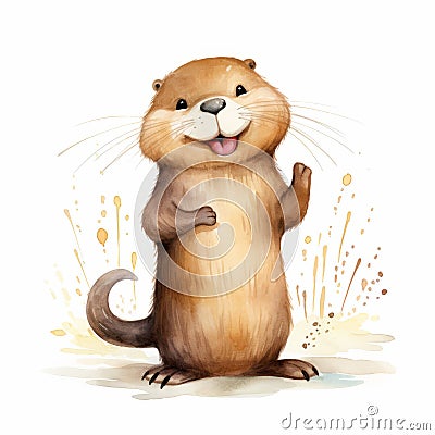 Joyful Watercolor Otter Illustration On White Background Stock Photo